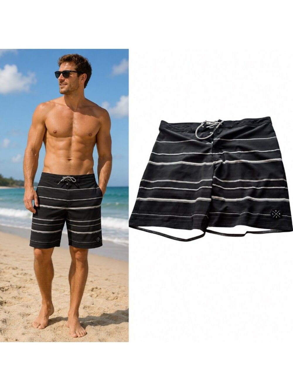 Black & Gray Striped Mens Board Shorts Rear Zipper Pocket Drawstring Waist Size